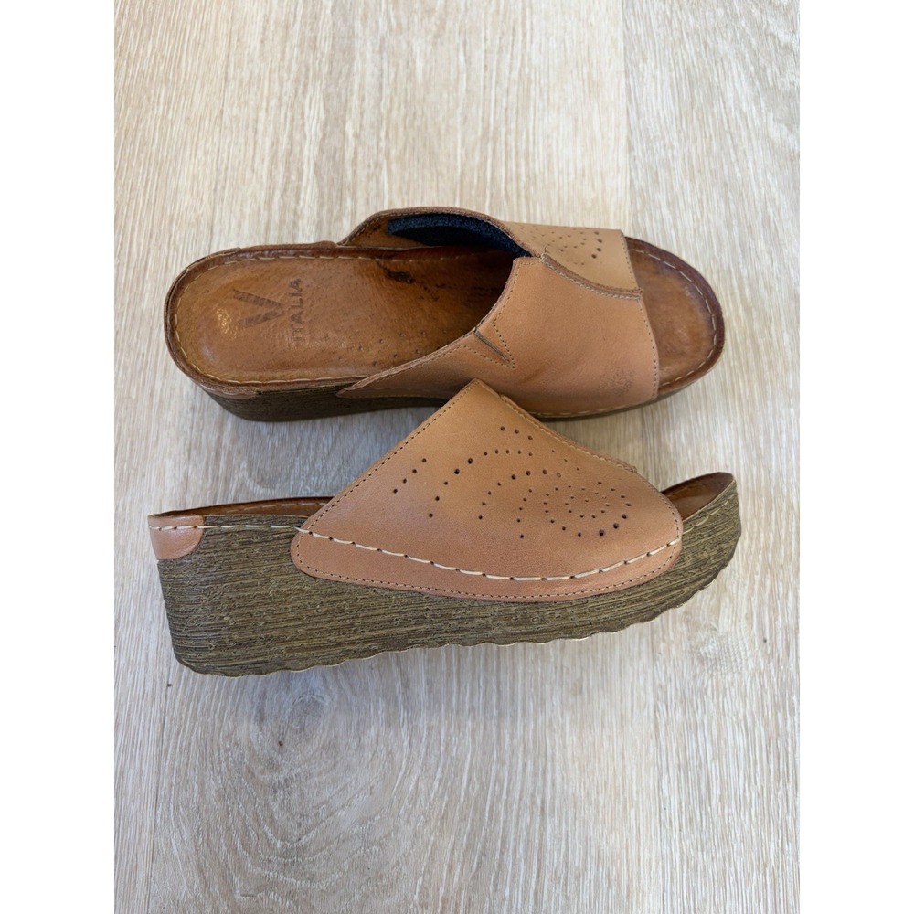 Made In Italy Leather Platform Wedge Mule Sandals EU 38 US 7.5 8 Tan Slides